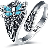 Bague en Argent Sterling avec Turquoise – Bague Vintage Boho avec Libellule