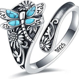 Bague en Argent Sterling avec Turquoise – Bague Vintage Boho avec Libellule