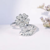 BAGUE ZIRCONIA FLEUR & FEUILLE - (RÉGLABLE)