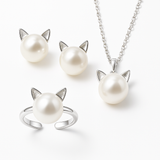 Magnifique Collier avec Chat en Perle avec Boucles d'Oreilles et Bague Offerte