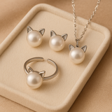 Magnifique Collier avec Chat en Perle avec Boucles d'Oreilles et Bague Offerte